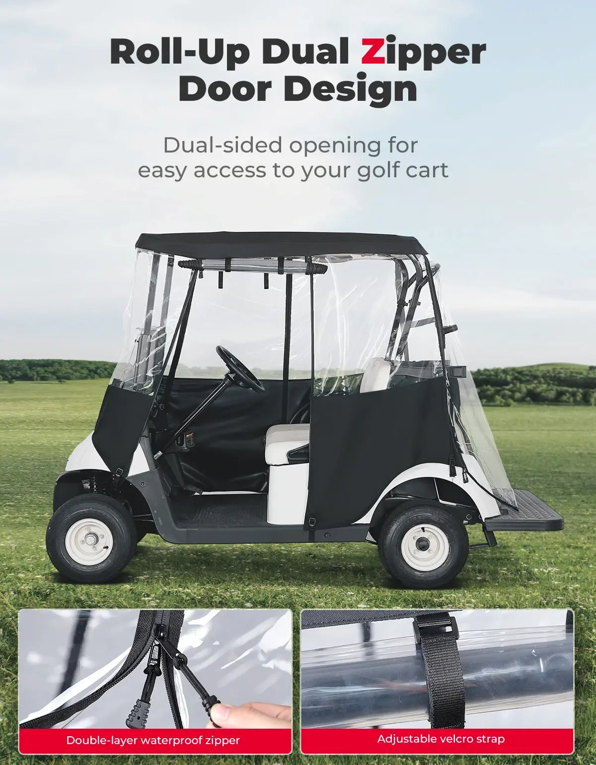 KEMIMOTO 600D 2 Passenger Golf Cart PVC Enclosure Waterproof Rain Cover for Club Car for EZGO for Drive Roll-Up Dual Zipper Door