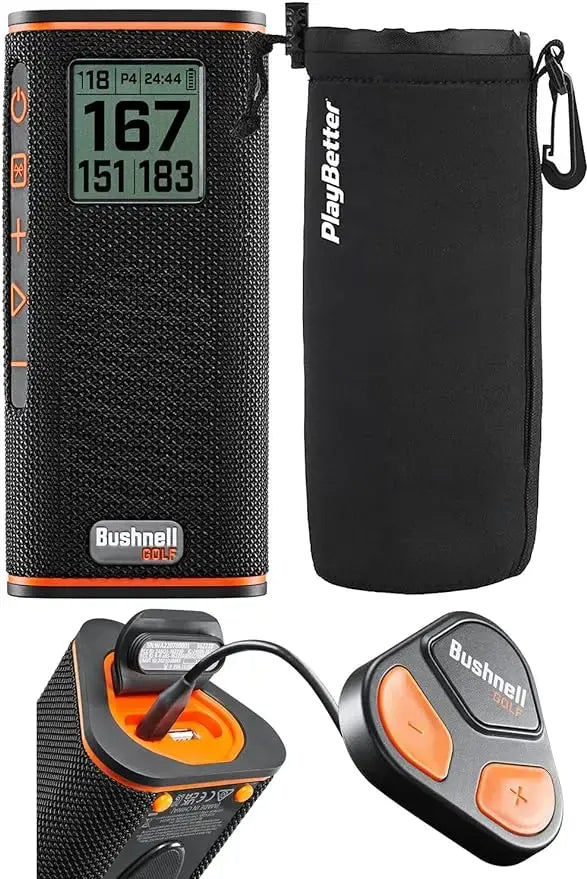 Golf Speaker Easy-to-Read LCD Display, Bluetooth Music Audible GPS Distances Bundle with Wingman View & Protective Wingman Pouch