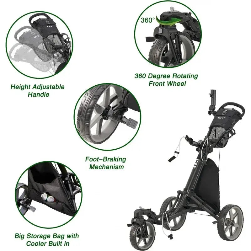 KVV 3 Wheel 360 Rotating Front Wheel Golf Push Cart Open and Close in ONE Second-Free Umbrella Holder Included